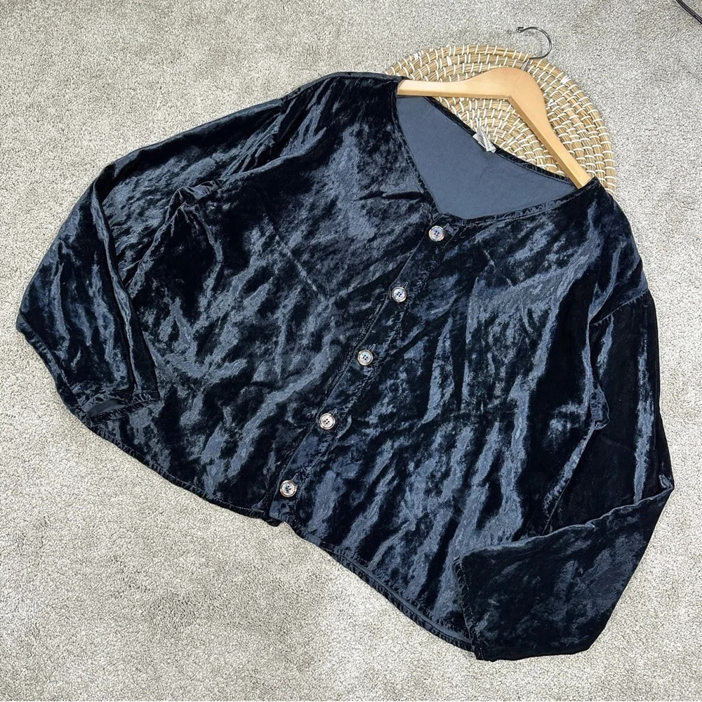 CP Shades Button Front Velvet Velour Top Longsleeve Oversized V-Neck Classic L